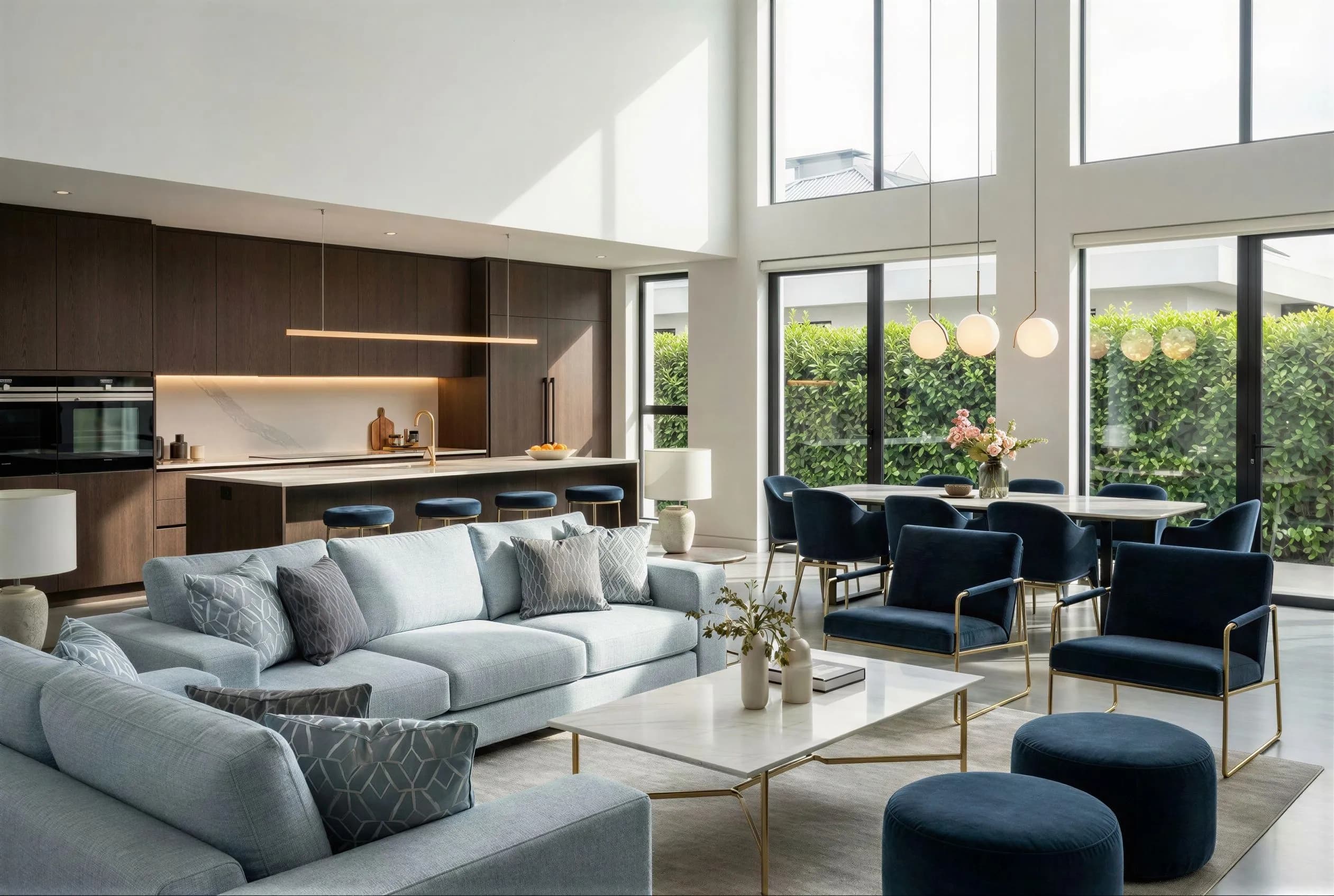 Before and after virtual staging of an open-concept living, dining, and kitchen area with balcony view in a modern real estate listing.